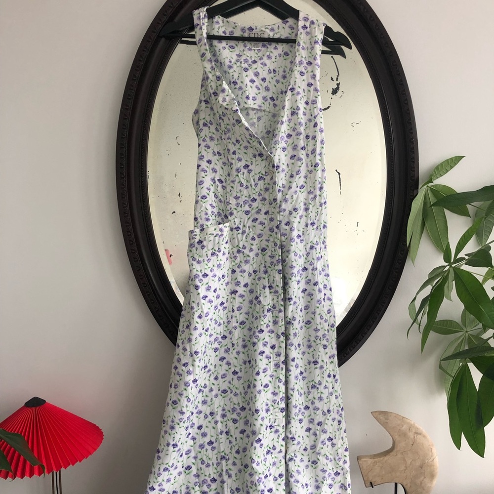 Vintage white maxi dress with purple flowers.